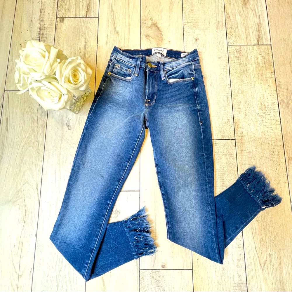 Frame Denim Blue Le Skinny Jeans Raw Hem Size 24 - Picture 2 of 9